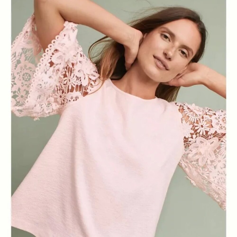 ANTHRO eri + ali Samara Lace Bell Sleeve Top in Pale Pink M - Picture 3 of 14
